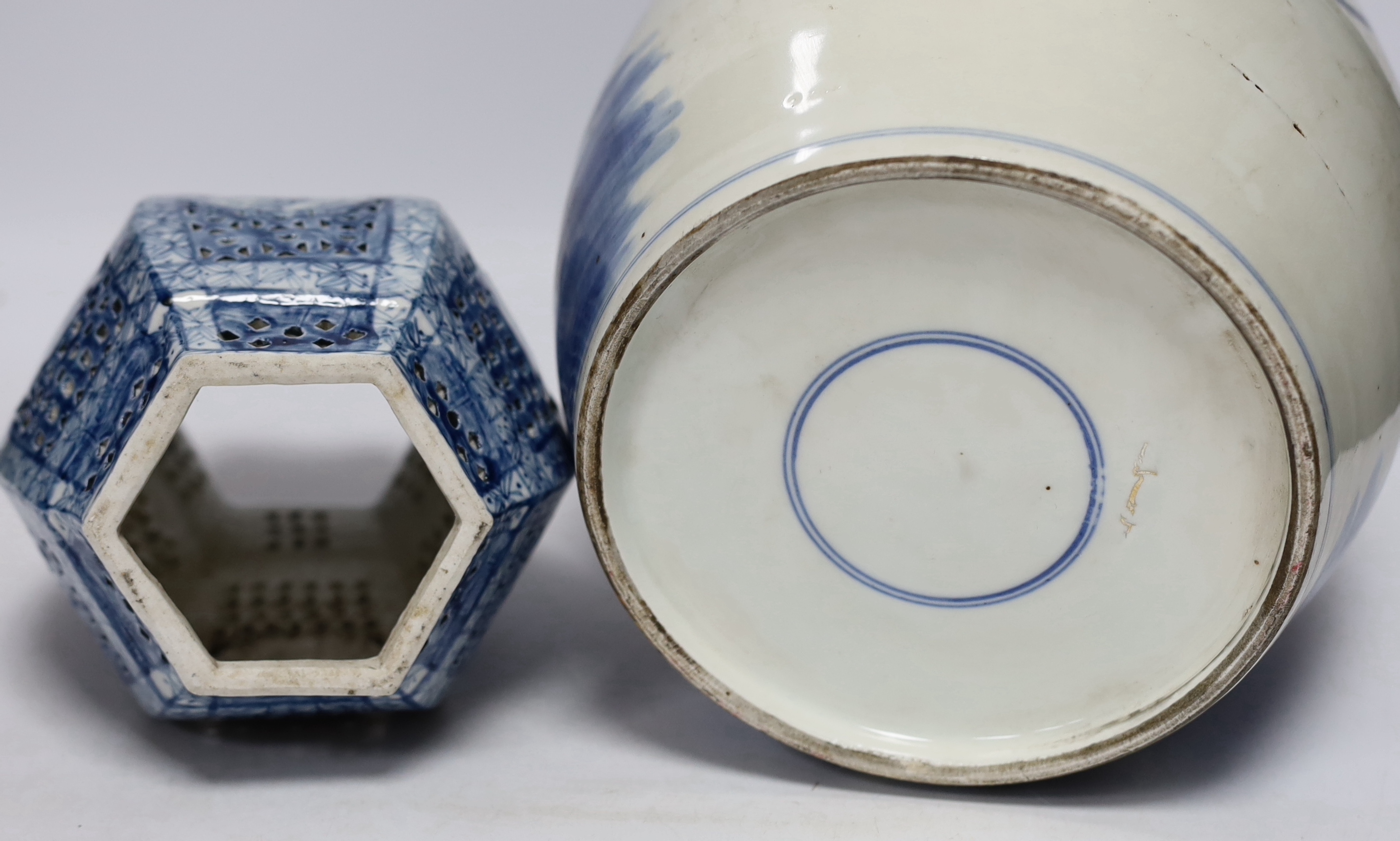 A collection of Chinese items to include a Chinese blue and white jar, a soapstone figure, Chinese blue and white plates, two bowls, a cinnabar lacquer lid, a twin handled censer, a Chinese famille rose teapot. a 'dragon